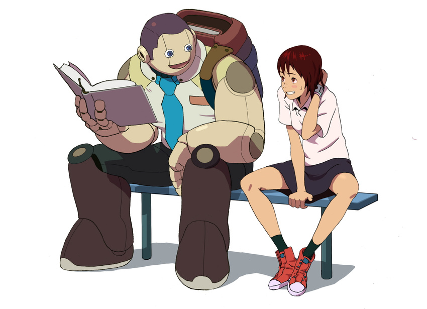 1girl android arm_rest backpack bad_id bad_pixiv_id bag bench between_legs blue_eyes blush book brown_eyes brown_hair graphite_(medium) grin hand_behind_head hand_between_legs holding holding_book knees knees_apart_feet_together ladic looking_at_another mixed_media necktie no_laces open_book open_mouth original pink_shirt robot_joints scan scan_artifacts shirt shoes short_hair simple_background sitting size_difference skirt smile sneakers socks sweatdrop traditional_media very_short_hair white_background wristband