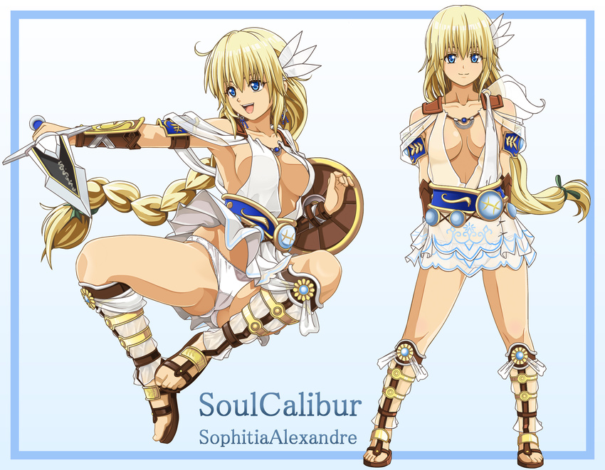 bad_id bad_pixiv_id basuchian blonde_hair blue_eyes braid breasts breasts_apart character_name highres large_breasts no_bra open_mouth panties sandals shield sideboob single_braid smile sophitia_alexandra soulcalibur soulcalibur_iv sword underwear weapon white_panties