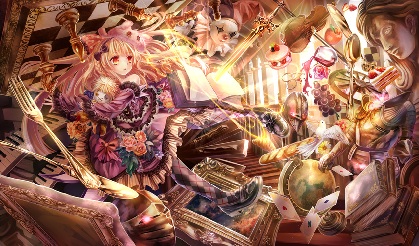 alcohol apple argyle argyle_legwear armor bad_id bad_pixiv_id baguette bird blonde_hair book bread cake card chess_piece chessboard cup dove drinking_glass fantasy flower food fork fox fruit full_armor globe grapes hairband hat instrument jester jester_cap knife letterboxed lolita_fashion open_book orange_eyes original piano_keys picture_frame playing_card revision rose shoes slice_of_cake solo spoon strawberry sunflower sword torino_akua violin weapon wine wine_glass