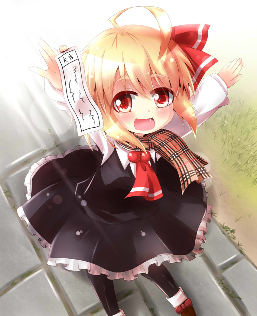 ahoge arms_up ascot blonde_hair commentary_request fang grass hair_ribbon highres kapu_(tetete8901) long_sleeves looking_at_viewer open_mouth pantyhose red_eyes ribbon rumia scarf shirt skirt skirt_set smile solo touhou vest