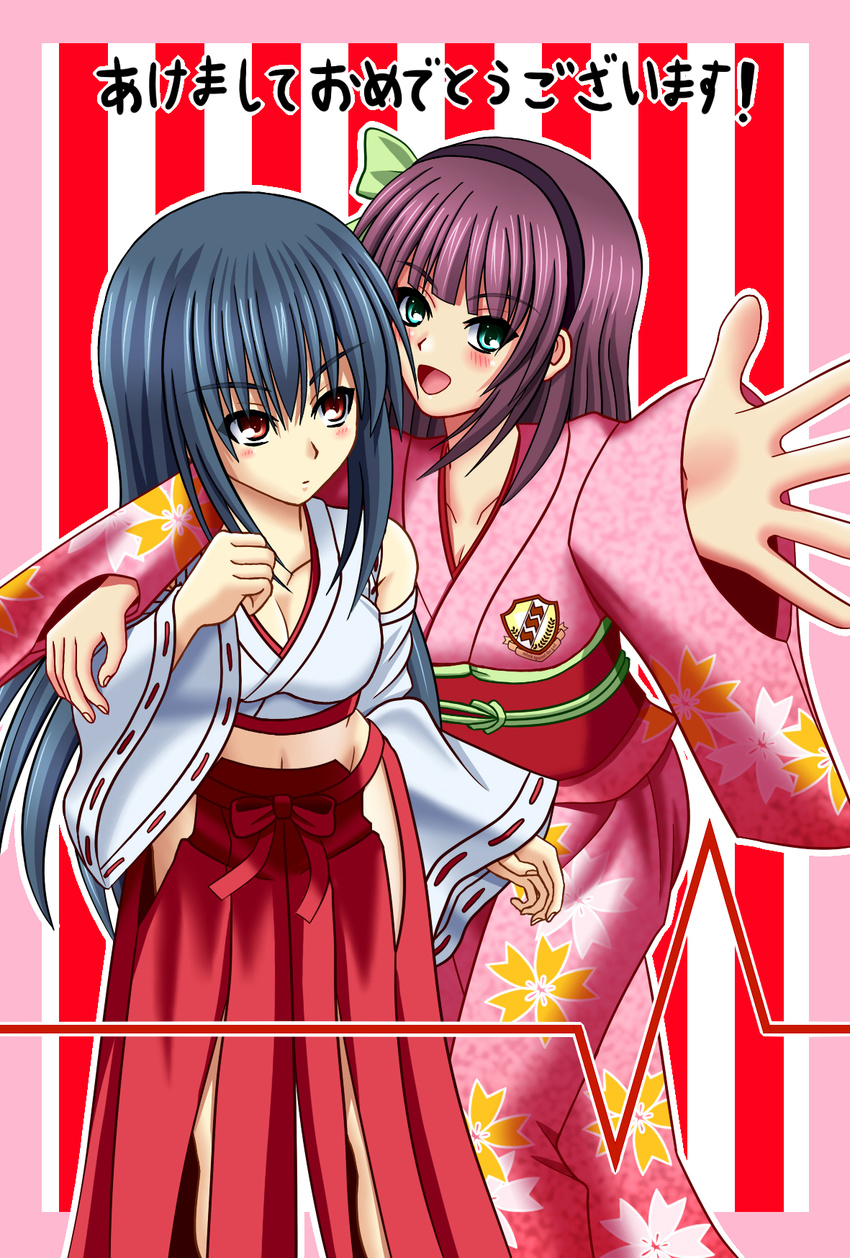 angel_beats! black_hair detached_sleeves green_eyes hairband highres japanese_clothes kimono long_hair miko multiple_girls nekogoya purple_hair red_eyes shiina_(angel_beats!) short_hair yuri_(angel_beats!)