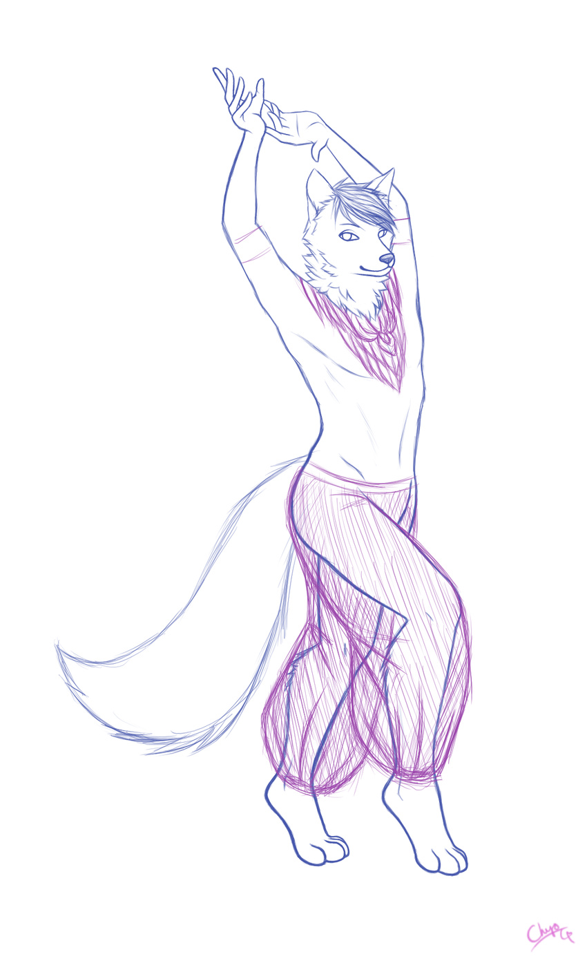 belly_dancer blackrose canine chiroina chyo harem_outfit jaiden male mammal sketch solo wolf work_in_progress