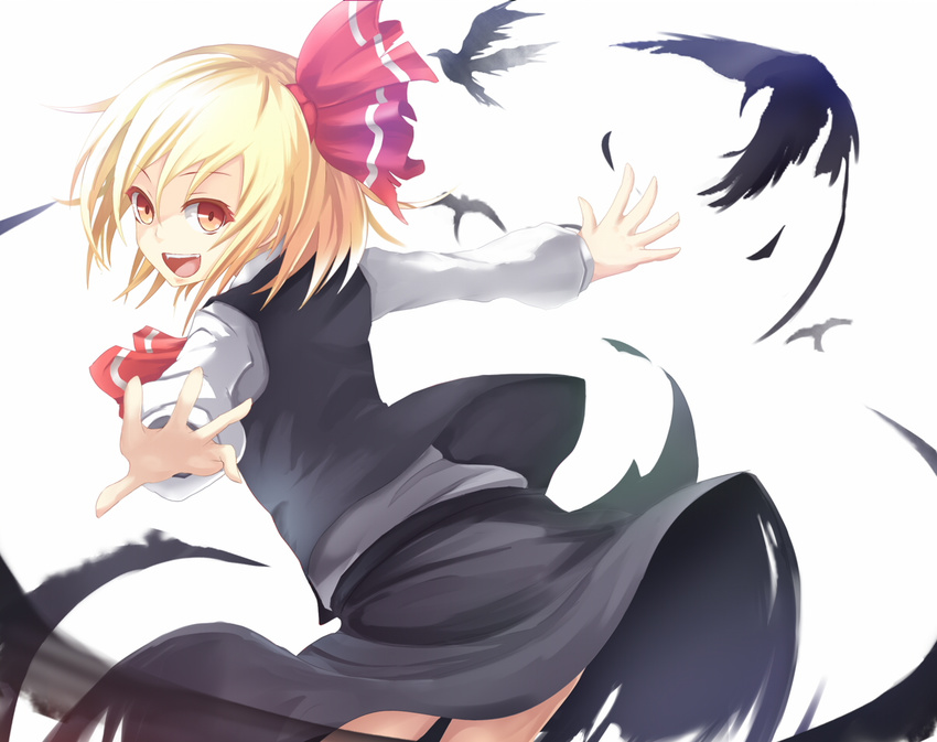 bad_id bad_pixiv_id bird blonde_hair bow hair_bow long_sleeves looking_at_viewer looking_back open_mouth outstretched_arms raven_(animal) red_eyes revision rumia shirt simple_background skirt skirt_set smile solo touhou vest wakame_mi white_background