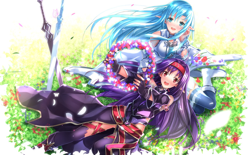 :d asuna_(sao) asuna_(sao-alo) bare_shoulders blue_eyes blue_hair blush boots breasts detached_sleeves dress elf fingerless_gloves flower gloves hairband highres long_hair lying medium_breasts multiple_girls open_mouth planted_sword planted_weapon pointy_ears purple_hair red_eyes sitting skirt smile sword sword_art_online swordsouls thighhighs weapon wreath yuuki_(sao)