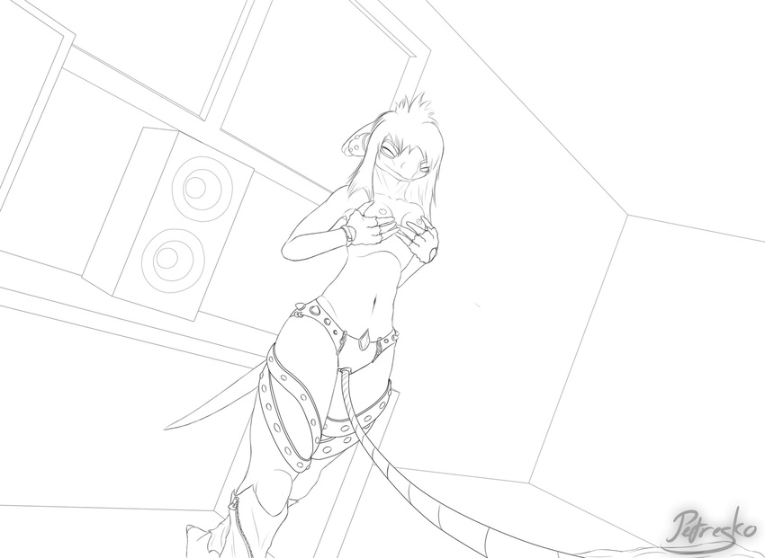 anthro bdsm belt black_and_white breast_grab breasts desk dutch_angle female first_person_view gloves hair inside long_hair long_tail looking_at_viewer metal monochrome monster nude outline partially_clothed petresko room rope sepilian smirk solo speaker spikes viewer window