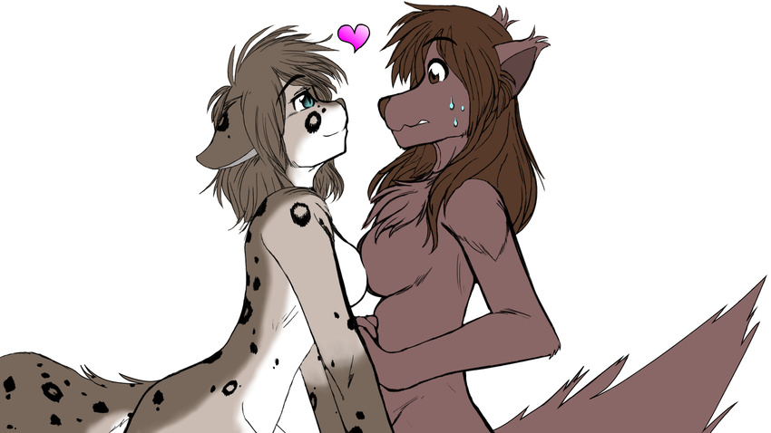 &lt;3 blue_eyes borwn_eyes breasts brown_eyes brown_fur brown_hair duo ears_down ears_up eye_contact female fur hair kathrin_(twokinds) lesbian long_hair natani nothingissure nude spots standing sweat sweatdrop tom_fischbach twokinds white_fur widescreen