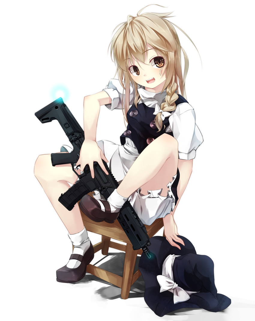 apron assault_rifle bad_id bad_pixiv_id blonde_hair bloomers bow braid bushmaster_acr chair gorilla_(bun0615) gun hat hat_bow hat_removed headwear_removed highres kirisame_marisa looking_at_viewer no_pants open_mouth rifle shirt simple_background single_braid sitting smile solo touhou underwear vest waist_apron weapon white_background witch_hat yellow_eyes