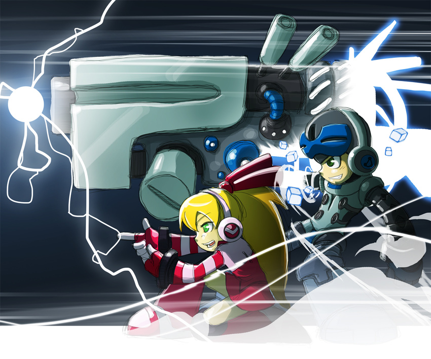 1girl arm_cannon beck_(mighty_no._9) blonde_hair boots call_(mighty_no._9) call_f charging digital_dissolve finger_gun flat_chest green_eyes grin hair_ribbon headphones helmet huge_weapon imbisibol knee_boots long_hair mighty_no._9 one_knee ponytail ribbon skirt smile striped_sleeves very_long_hair weapon