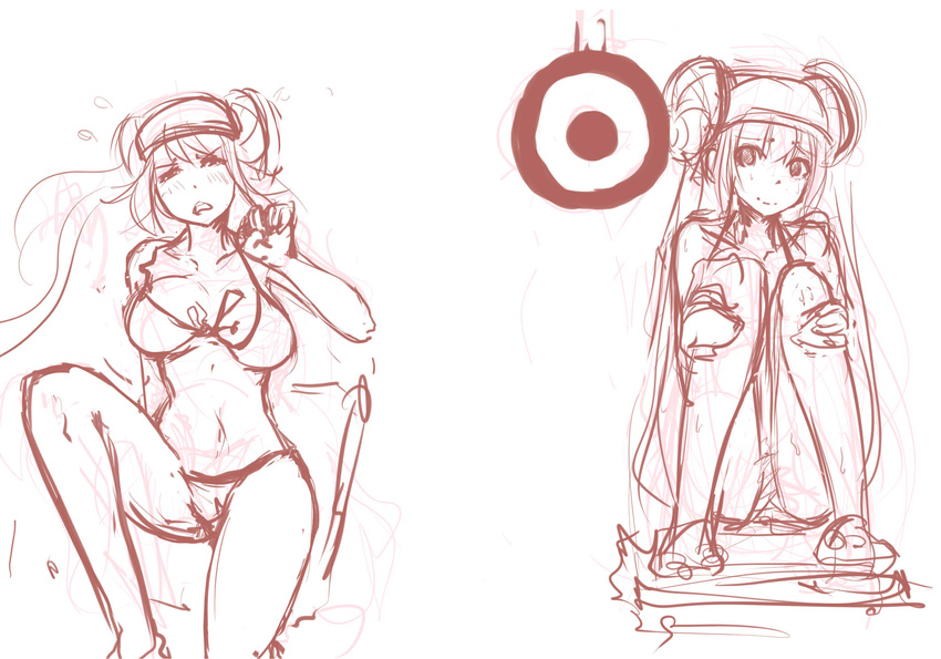 bikini blush bouncing_breasts breasts collage double_bun dunk_tank falling highres knees_to_chest long_hair medium_breasts mei_(pokemon) monochrome panties_(pantsu-pirate) pokemon pokemon_(game) pokemon_bw2 sketch swimsuit target twintails visor_cap wet