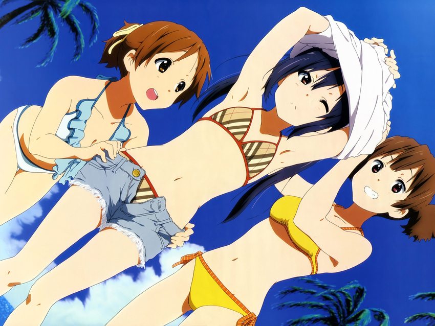 :&lt; armpits arms_up bare_shoulders bikini black_hair blush brown_eyes brown_hair day denim denim_shorts dutch_angle flat_chest hair_ribbon highres hirasawa_ui iwasaki_nami k-on! long_hair multiple_girls nakano_azusa navel official_art one_eye_closed open_mouth ponytail pulled_by_another ribbon scan short_hair short_twintails shorts shorts_pull smile suzuki_jun swimsuit twintails undressing