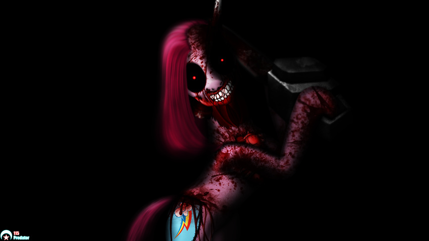 &lt;3 2012 black_background blood creepy cupcakes_(mlp_fanfic) cutie_mark dead equine female feral friendship_is_magic fur gore grotesque hair horse insane long_hair looking_at_viewer mammal morbid my_little_pony nightmare_fuel open_mouth pink_fur pink_hair pinkamena_(mlp) pinkie_pie_(mlp) plain_background pony rainbow_dash_(mlp) red_eyes simple_background smile solo soul_devouring_eyes standing teeth vein wallpaper