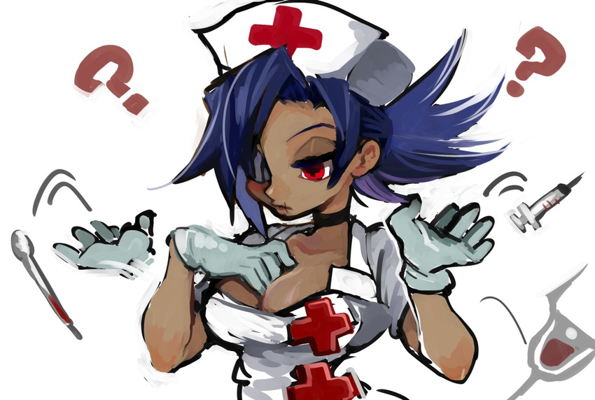 1girl ? blue_hair breasts choker cleavage cleavage_reach eyepatch gloves hair_over_one_eye hat large_breasts lips nurse nurse_cap ponytail red_cross red_eyes scar skullgirls solo syringe tan thermometer tossing valentine_(skullgirls) yuriyuri_(ccc)