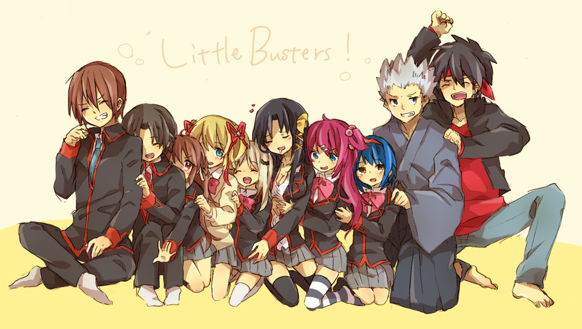 6+girls bow everyone inohara_masato iukawa_hamosaku japanese_clothes kamikita_komari kurugaya_yuiko little_busters! miyazawa_kengo multiple_girls naoe_riki natsume_kyousuke natsume_rin nishizono_mio noumi_kudryavka pink_bow saigusa_haruka school_uniform thighhighs