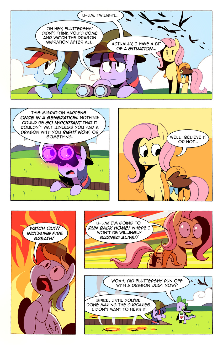 &lt;3 cloud comic dialog dragon english_text equine female fire fluttershy_(mlp) flying friendship_is_magic glowing grass hair hat helmet horn horse karzahnii levitation magic mammal multi-colored_hair my_little_pony outside pegasus pink_hair pony rainbow_dash_(mlp) rainbow_hair sky sparkles spike_(mlp) text twilight_sparkle_(mlp) unicorn whimsey_weatherbe_(mlp) wings