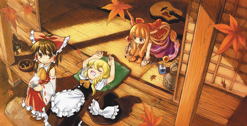 absurdres acoustic_guitar autumn bird blonde_hair calligraphy_brush commentary_request cookie crow cup face_painting food gourd guitar hakurei_reimu highres ibuki_suika instrument kirisame_marisa leaf multiple_girls paintbrush porch sakino_shingetsu senbei sleeping touhou veranda yunomi