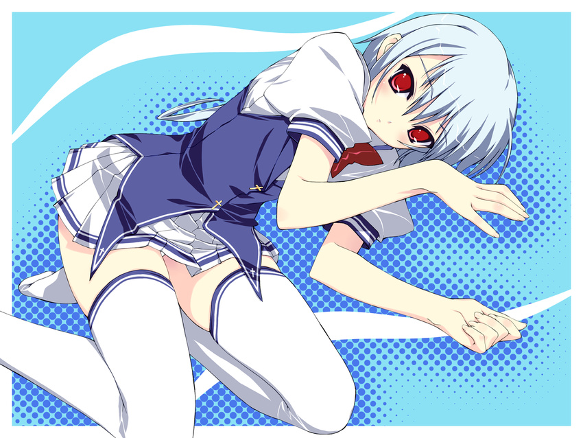 blush highres kuu_(lyrical_lyric) lyrical_lyric murakami_suigun red_eyes school_uniform solo thighhighs white_hair