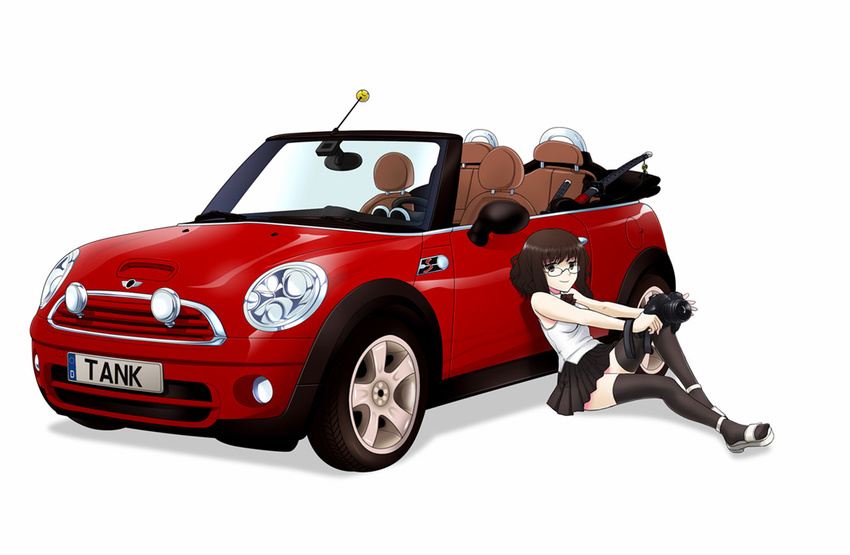 black_legwear camera car glasses ground_vehicle kazu kikuko_(kazu) leaning_back legs mini_cooper motor_vehicle original pleated_skirt shoes sitting skirt smile sword thighhighs weapon zettai_ryouiki