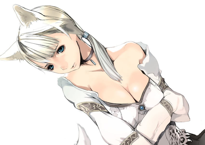 animal_ears bangs bare_shoulders blonde_hair blouse blue_eyes breasts choker cleavage demento dog_ears dog_tail fiona_belli hair_tie houden_eizou jewelry large_breasts ponytail solo tail third-party_edit