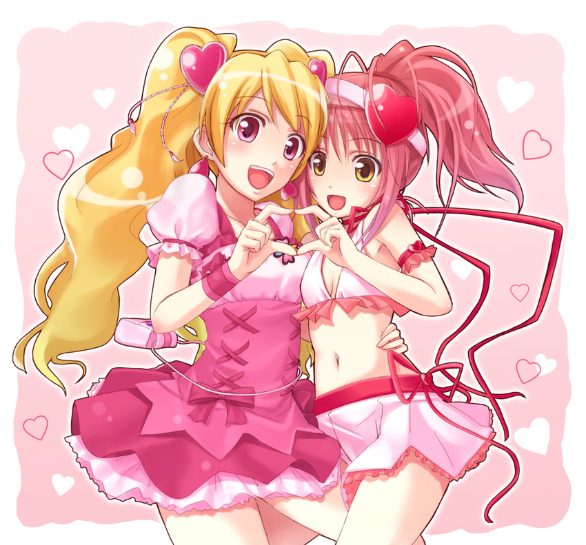 amulet_heart blonde_hair blush bow chobipero crossover cure_peach flat_chest fresh_precure! hair_ornament happy heart heart_hair_ornament heart_hands heart_hands_duo hinamori_amu long_hair magical_girl midriff momozono_love multiple_girls no_choker open_mouth pink_bow pink_eyes pink_hair precure shugo_chara! skirt smile twintails yellow_eyes