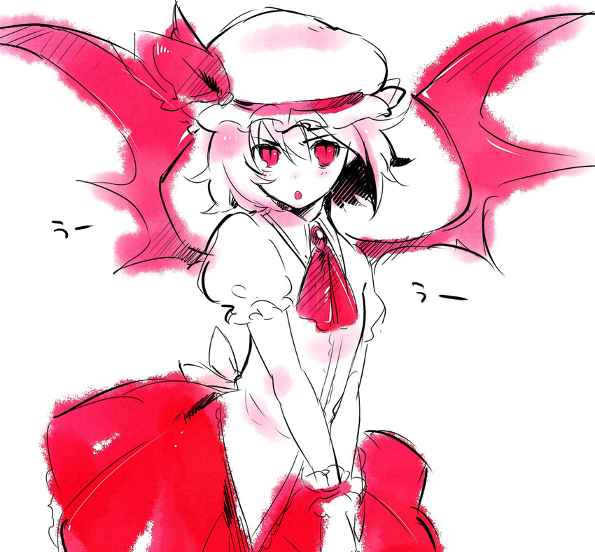 bat_wings hat looking_at_viewer monochrome red red_eyes remilia_scarlet short_hair sketch slit_pupils solo touhou usaki_(ama) v_arms wings wrist_cuffs