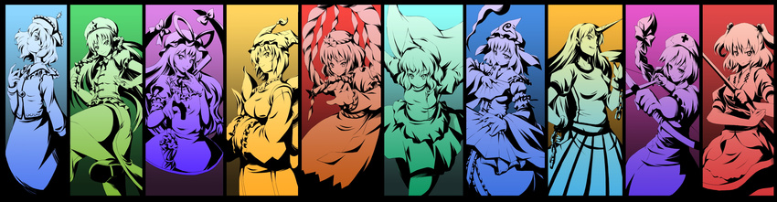 column_lineup cup hat highres hong_meiling horn hoshiguma_yuugi letty_whiterock long_image long_sleeves merlin_prismriver michii_yuuki multiple_girls multiple_monochrome onozuka_komachi pillow_hat puffy_short_sleeves puffy_sleeves saigyouji_yuyuko sakazuki shoes short_hair short_sleeves star tassel touhou wide_image wide_sleeves yagokoro_eirin yakumo_ran yakumo_yukari yasaka_kanako