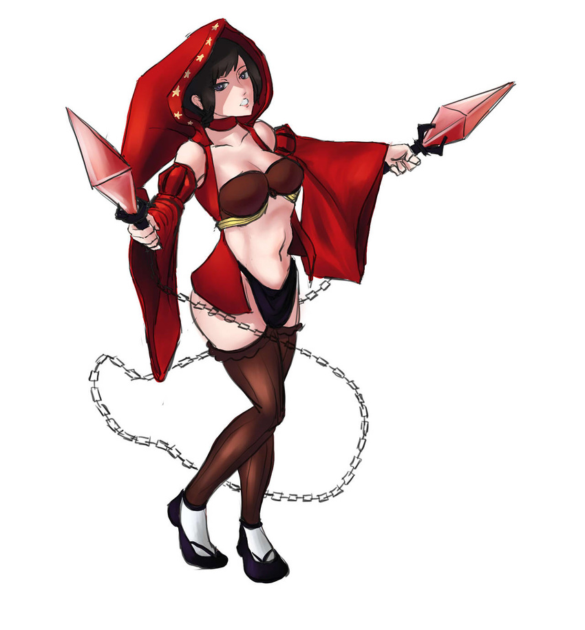 bandeau black_hair black_panties breasts chain chains choker cleavage dual_wielding dude_underscore full_body fusion highres hood japanese_clothes kimono kunai kurenai_(red_ninja) large_breasts looking_at_viewer obi odin_sphere open_clothes panties red_hat red_hood red_ninja sandals short_hair short_kimono simple_background solo tabi thighhighs triple_fusion underwear velvet_(odin_sphere) weapon white_background wide_sleeves