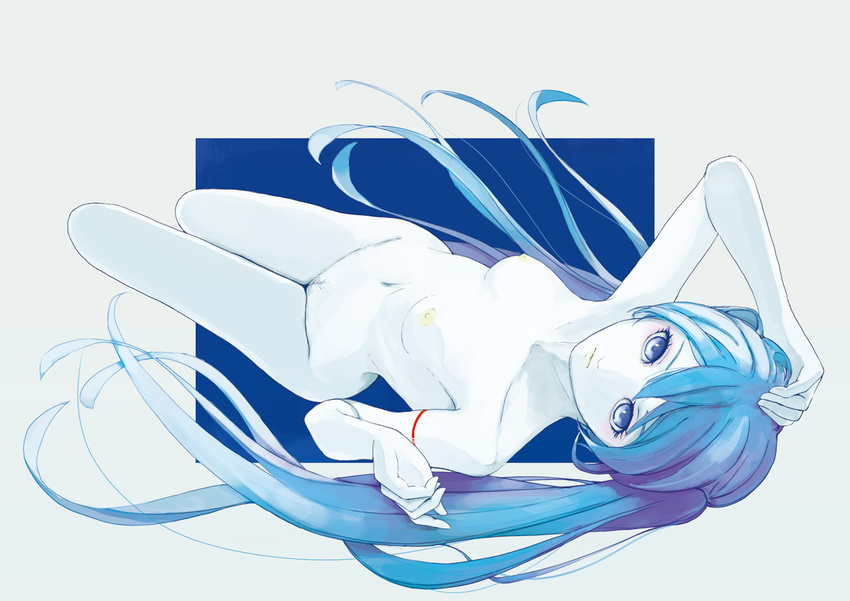 blue_eyes blue_hair breasts hatsune_miku long_hair lying malcolm_x_(artist) medium_breasts nipples nude on_back pale_skin solo twintails very_long_hair vocaloid