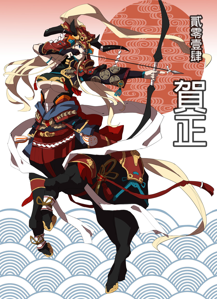 absurdres aiming archery armor arrow blonde_hair blue_eyes bow_(weapon) breasts centaur drawing_bow expressionless fingerless_gloves full_body gloves hagoromo helmet highres holding holding_arrow holding_bow_(weapon) holding_weapon hooves horned_helmet igote japanese_armor large_breasts long_hair makai monster_girl original seigaiha shawl solo tail translation_request underboob weapon