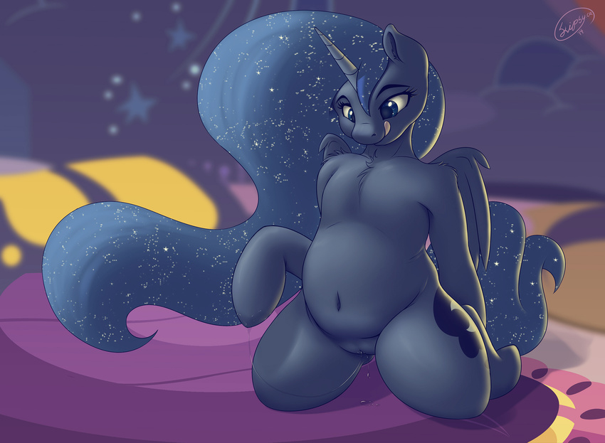 anthro anthrofied blue_eyes blue_fur blue_hair chubby cutie_mark equine female feral flat_chested friendship_is_magic fur hair horn horse inside kneeling long_hair mammal my_little_pony navel nude princess_luna_(mlp) pussy pussy_juice skipsy solo tongue tongue_out winged_unicorn wings