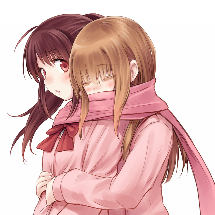 achiga_school_uniform blazer blush bow bowtie brown_hair closed_eyes commentary eyelashes head_rest highres hug hug_from_behind jacket long_hair matsumi_yuu multiple_girls open_mouth ponytail red_eyes saki scarf school_uniform shared_scarf sidelocks simple_background surprised suzushiro_yukari takakamo_shizuno white_background yuri