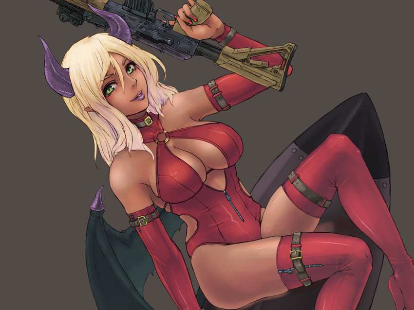 alva assault_rifle belt blonde_hair boots breasts cleavage dark_skin demon_girl demon_wings elbow_gloves gloves green_eyes grey_background gun high_heels highres horns large_breasts lips long_hair looking_at_viewer original red_gloves red_legwear rifle simple_background smile solo thigh_boots thighhighs weapon wings