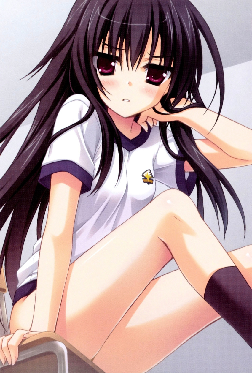 absurdres arm_support bangs black_hair black_legwear blush breasts chair eyelashes frown gym_uniform hair_tucking hand_in_hair highres leaning_forward legs long_hair looking_at_viewer medium_breasts moribe_(rabumanyo) moritsuka_ichino ore_to_ichino_no_game_doukoukai_katsudou_nisshi parted_lips purple_eyes shirt short_sleeves sitting socks solo t-shirt