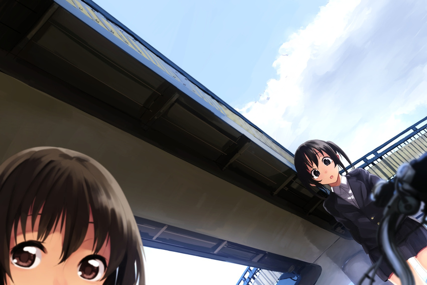 akagi_asahito bad_id bad_pixiv_id bicycle black_hair blazer blush brown_eyes brown_hair cloud day dutch_angle ground_vehicle jacket multiple_girls open_mouth original school_uniform short_hair skirt sky twintails