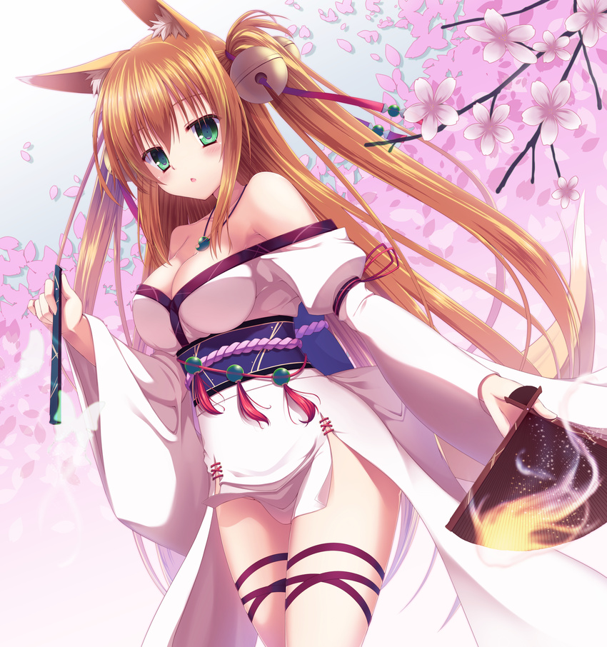 absurdres animal_ears bangs bell breasts brown_hair cherry_blossoms cleavage fan fire fox_ears fox_tail green_eyes hair_bell hair_ornament highres japanese_clothes kimono large_breasts long_hair long_sleeves looking_at_viewer original solo tail two_side_up yuzu_modoki