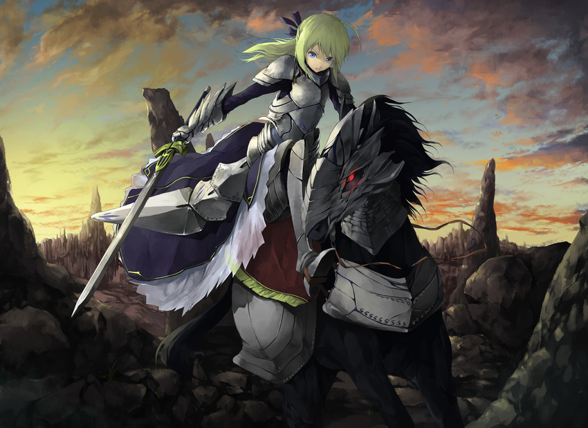 artoria_pendragon_(all) bad_id bad_pixiv_id blonde_hair blue_eyes fate/stay_night fate_(series) highres horse knight long_hair saber solo solru sword weapon