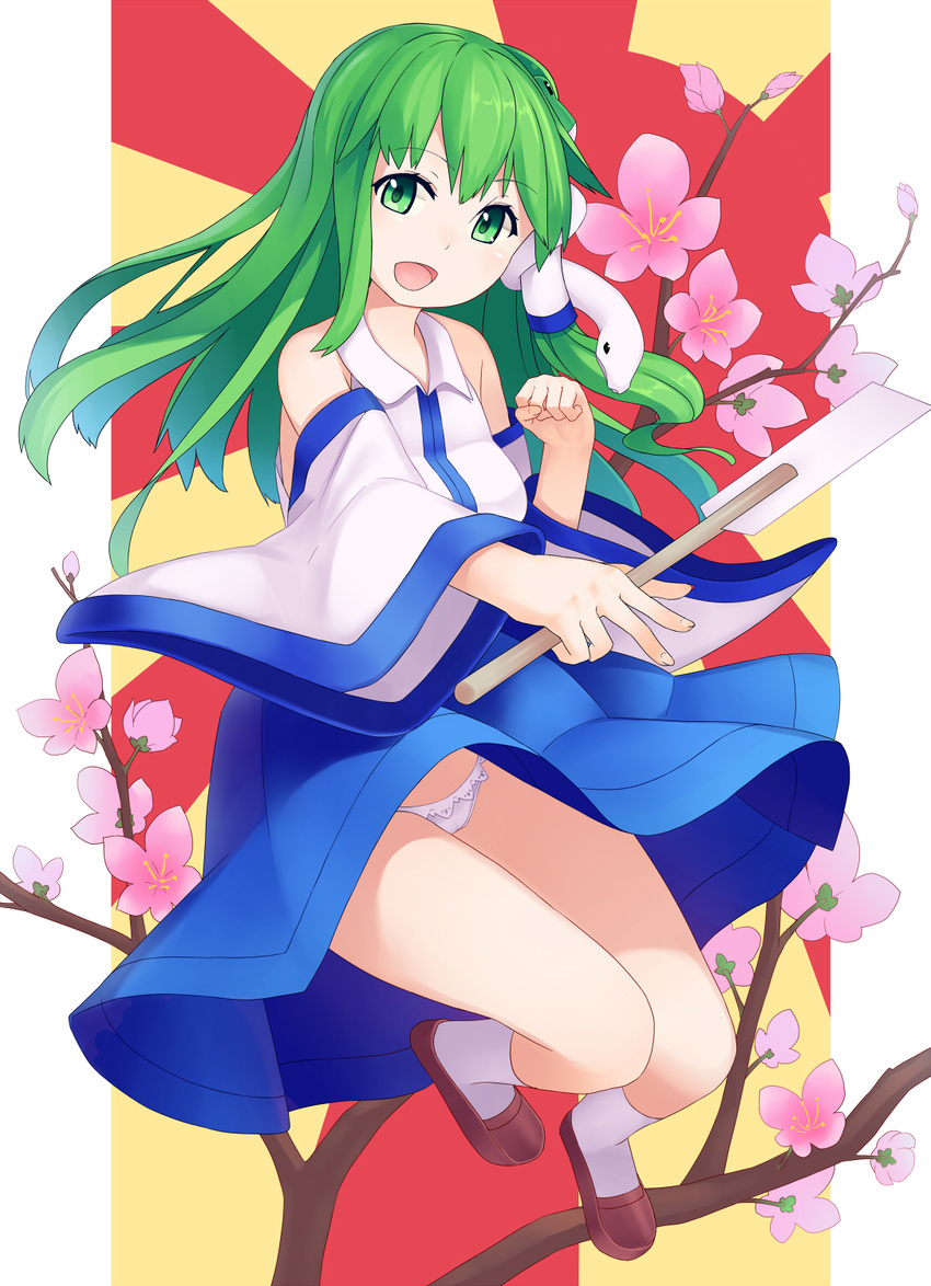 bare_shoulders clenched_hand detached_sleeves flower frog_hair_ornament gohei green_eyes green_hair hair_ornament hair_tubes highres kochiya_sanae long_hair mikan_(bananoha) open_mouth panties pantyshot smile snake_hair_ornament solo touhou underwear white_panties