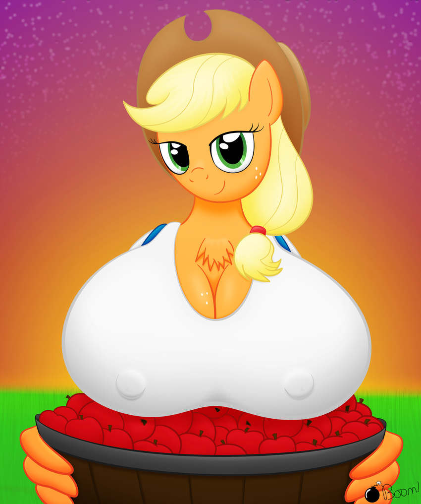 anthrofied apple applejack_(mlp) basket big_breasts blonde_hair breasts cleavage clothed clothing cowboy_hat equine female field friendship_is_magic fruit green_eyes hair hat horse mammal my_little_pony nipples overalls pony ponyboom smile sunset