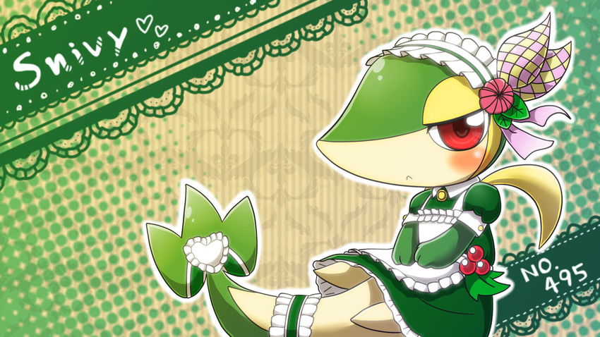 blush clothing female green_body green_skin half-closed_eyes hm3526 looking_at_viewer maid maid_uniform nintendo number pok&#233;mon pok&eacute;mon red_eyes reptile scalie snake snivy text video_games