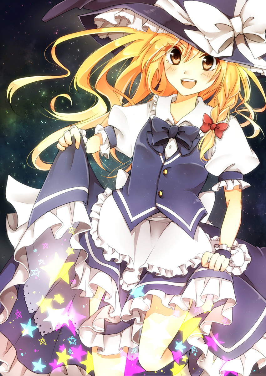 apron blonde_hair bow braid hat hat_bow highres kirisame_marisa looking_at_viewer nachi_(herousa) open_mouth puffy_sleeves shirt short_sleeves single_braid skirt skirt_lift skirt_set smile solo star touhou vest waist_apron white_bow witch_hat yellow_eyes