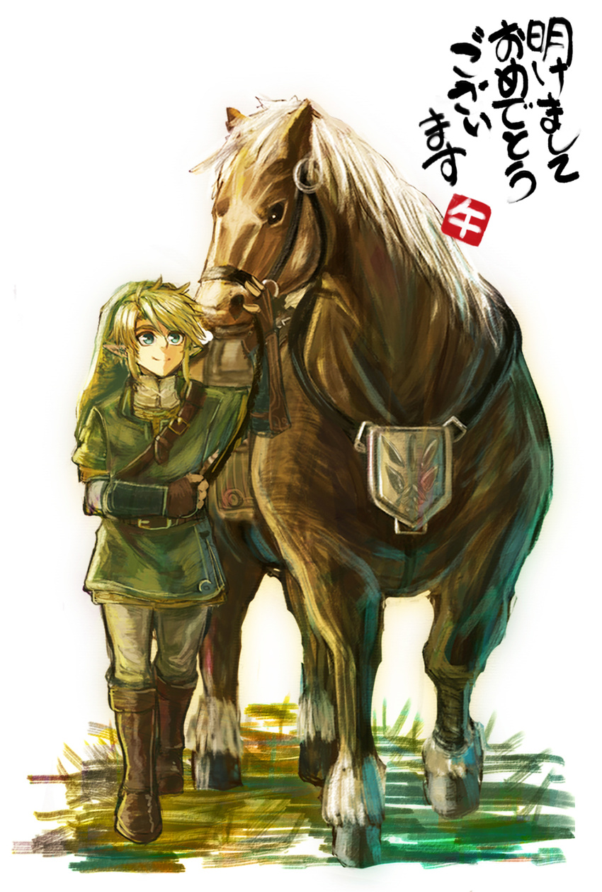 bashikou blonde_hair blue_eyes epona gloves happy_new_year hat highres horse link male_focus new_year pointy_ears smile the_legend_of_zelda the_legend_of_zelda:_twilight_princess translated