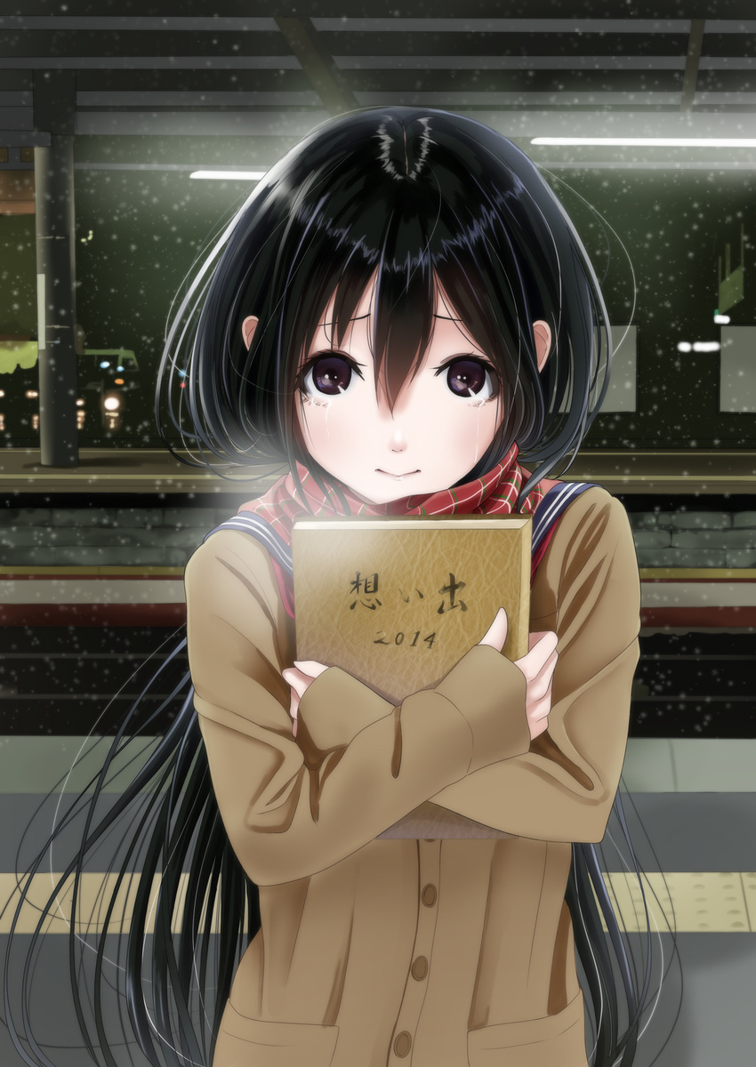 3: black_eyes black_hair breath coat cold enpera hair_between_eyes highres holding kentaurosu long_hair looking_at_viewer original outdoors scarf school_uniform serafuku snow solo tactile_paving train_station train_station_platform upper_body