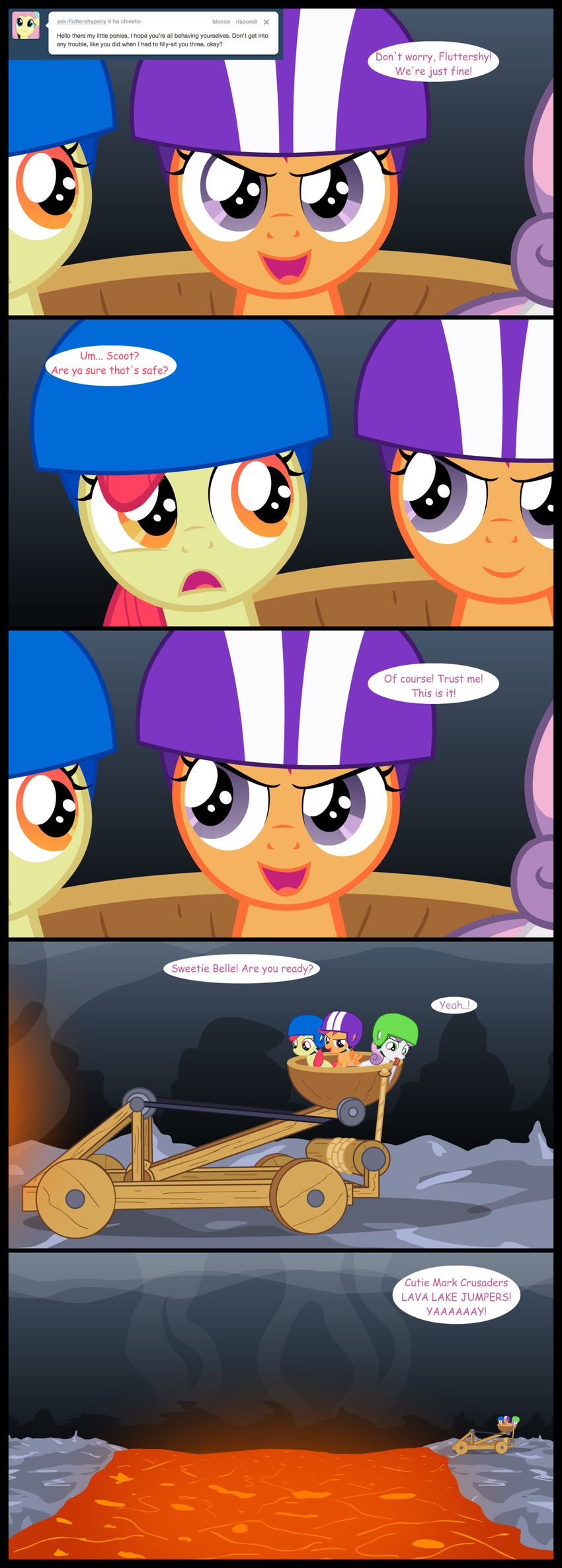 bow catapult comic cutie_mark_crusaders_(mlp) equine female friendship_is_magic helmet horn horse jananimations lava mammal my_little_pony pegasus pony scootaloo_(mlp) smile sweetie_belle_(mlp) tumblr unicorn wings young