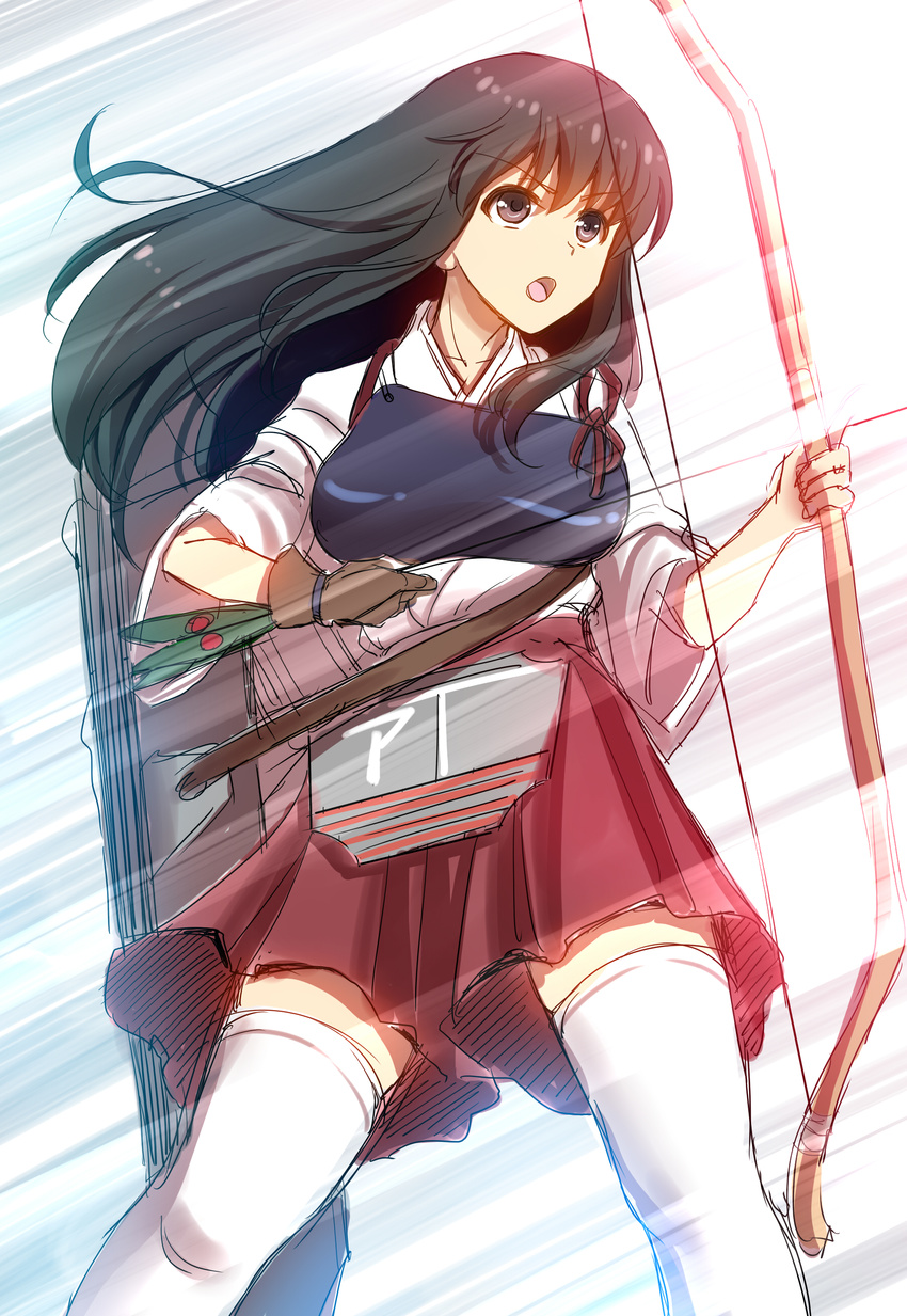 absurdres akagi_(kantai_collection) archery arrow blush bow_(weapon) brown_eyes brown_hair gloves highres japanese_clothes kantai_collection kyuudou long_hair muneate open_mouth partly_fingerless_gloves single_glove skirt solo thighhighs weapon white_legwear youshuu yugake