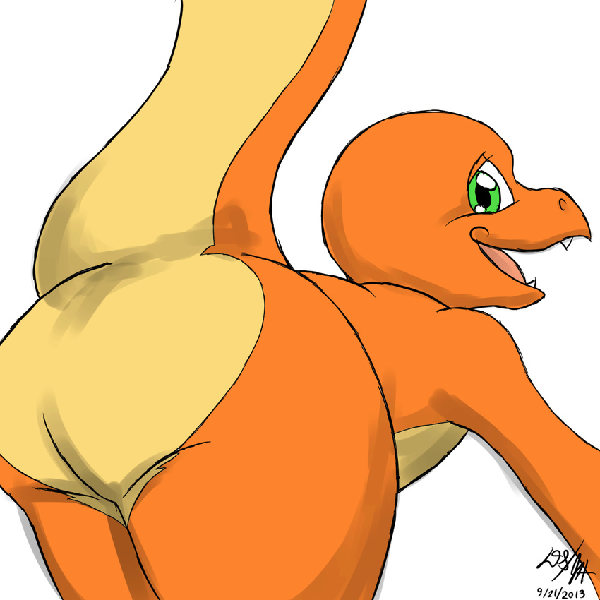 animated bald bent_over butt charmander cute dragon green_eyes happy hi_res jammerhighwind looking_at_viewer looking_back male nintendo nude plain_background pok&#233;mon pok&eacute;mon shaking sharp_teeth smile standing teeth tommy_(character) tongue video_games white_background young