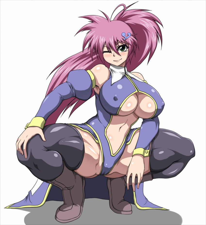 1girl bare_shoulders boots breasts cameltoe covered_nipples detached_sleeves erect_nipples female green_eyes hair_ornament hairclip highres large_breasts legwear long_hair long_ponytail long_skirt meniko navel original pepo_(absolute1123) ponytail purple_eyes simple_background skirt solo squatting thighhighs underboob white_background wink