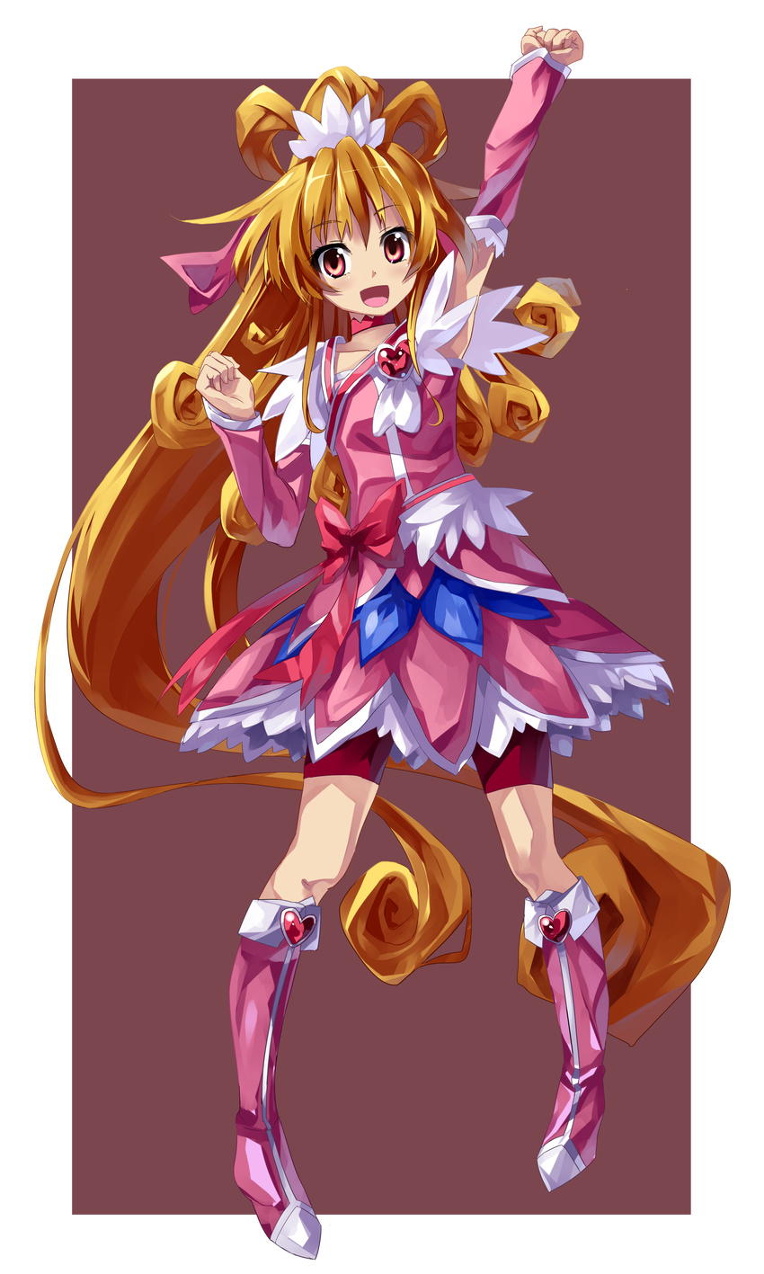 absurdres aida_mana bike_shorts blonde_hair boots bow choker cure_heart dokidoki!_precure dress hair_ornament half_updo heart heart_hair_ornament highres long_hair magical_girl makai_no_koutaishi open_mouth pink_bow pink_eyes pink_footwear pink_sleeves ponytail precure shorts_under_dress smile solo very_long_hair