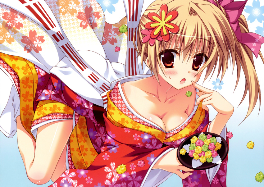 :o absurdres blush bow breasts brown_eyes brown_hair candy cleavage collarbone downblouse eating floral_print flower food hair_bow hair_flower hair_ornament hairpin highres huge_filesize japanese_clothes kimono konpeitou long_sleeves medium_breasts moribe_(rabumanyo) open_mouth parted_lips pink_bow side_ponytail solo thighs wide_sleeves