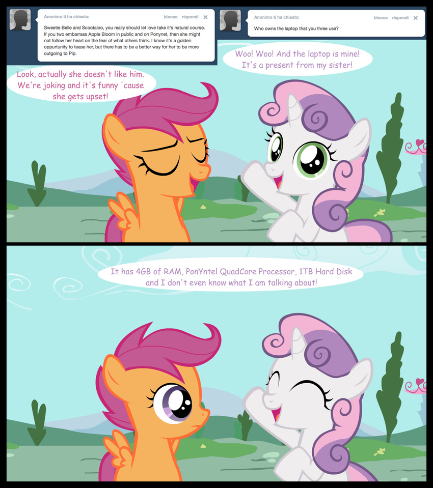 computer equine female friendship_is_magic horn horse jananimations laptop mammal my_little_pony pegasus pony scootaloo_(mlp) smile sweetie_belle_(mlp) tumblr unicorn wings young