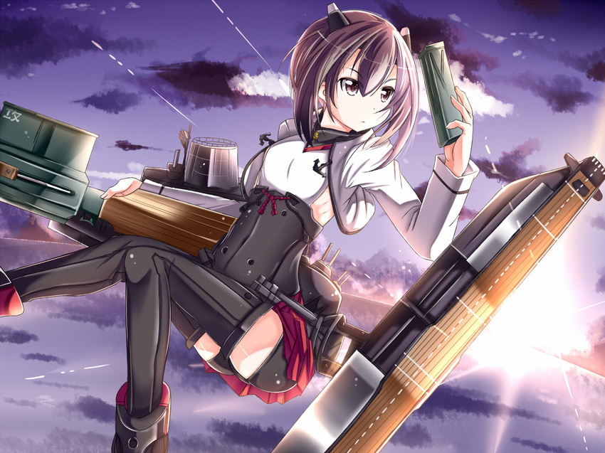 bike_shorts blush bow_(weapon) brown_eyes brown_hair cloud crossbow flat_chest headband headgear kantai_collection mad_(hazukiken) pleated_skirt short_hair skirt sky solo taihou_(kantai_collection) thighhighs weapon