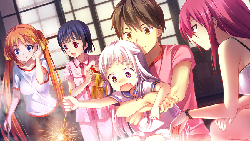 atou_tsubaki black_hair blue_eyes brown_eyes brown_hair chiri_(atlanta) chuablesoft game_cg hinohara_kei minamori_hime orange_hair pink_eyes purple_eyes purple_hair sawamiya_shiori wagaya_no_himegami-sama!